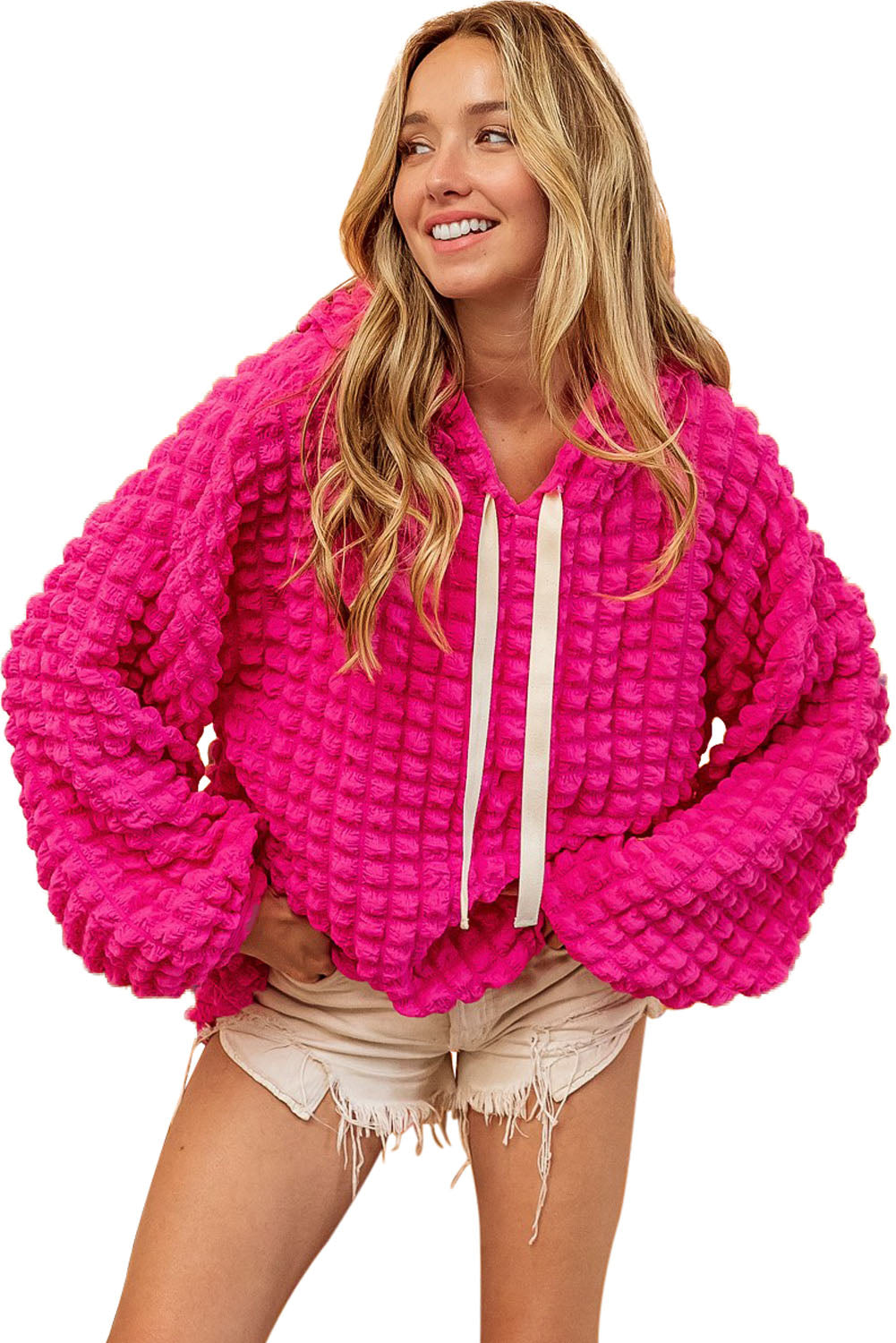 Rose Bubble Textured Waffle Hoodie - SELFTRITSS   