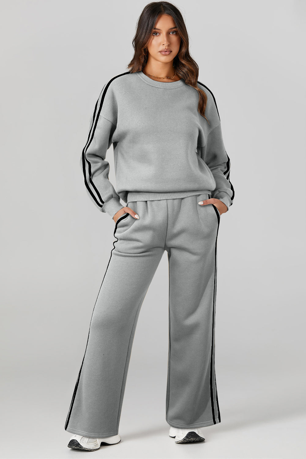 Round Neck Long Sleeve Top and Pants Active Set - SELFTRITSS   