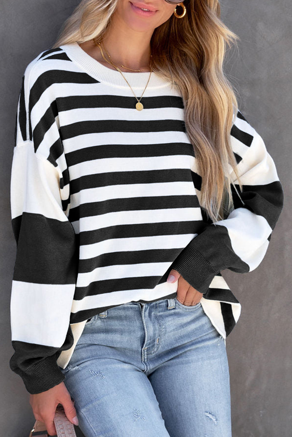 Black Stripe Drop Shoulder Striped Pullover Sweatshirt - SELFTRITSS
