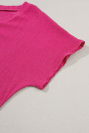 Bright Pink Crinkled V Neck Wide Sleeve T-shirt - SELFTRITSS