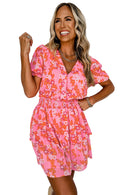 Pink Floral V Neck Short Ruffle Tiered Dress - SELFTRITSS