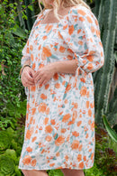 Orange Plus Size Square Neck Tie Sleeve Floral Dress - SELFTRITSS