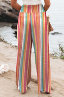 Multicolor Striped Smocked High Waist Wide Leg Pants - SELFTRITSS   