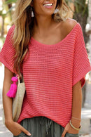 Red Clay Solid Loose Knit Short Dolman Sleeve Sweater - SELFTRITSS   