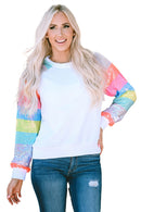 White Sequin Color Block Raglan Sleeve Pullover Sweatshirt - SELFTRITSS