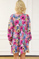 Multicolour Floral Tie Neck Bubble Sleeve Shift Dress - SELFTRITSS