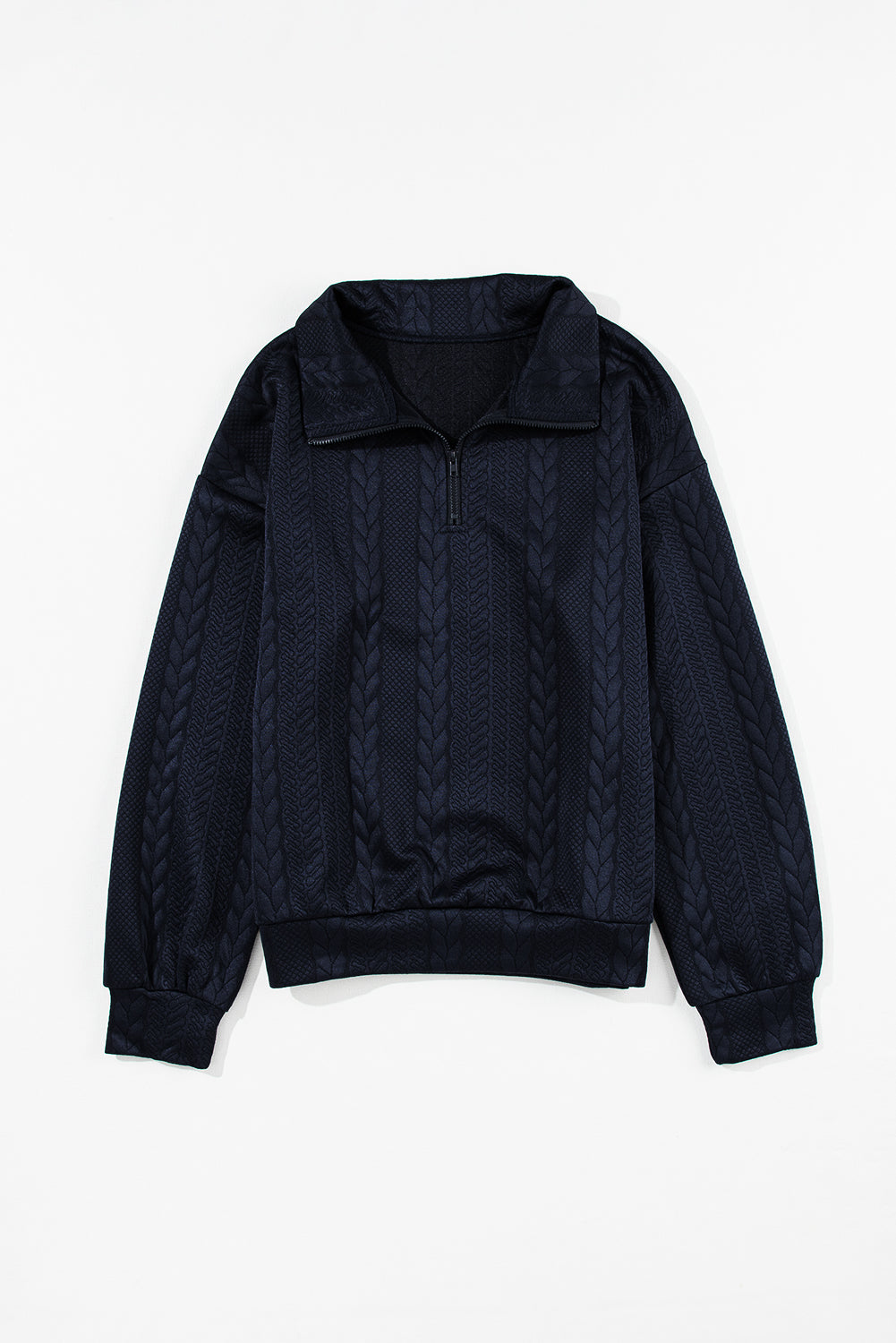 Navy Blue Zip up Cable Textured Sweatshirt - SELFTRITSS   