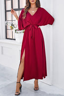 Slit Tied V-Neck Three-Quarter Sleeve Dress - SELFTRITSS