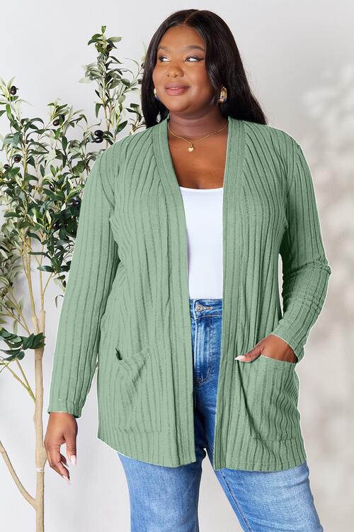 Basic Bae Full Size Ribbed Open Front Cardigan with Pockets - SELFTRITSS