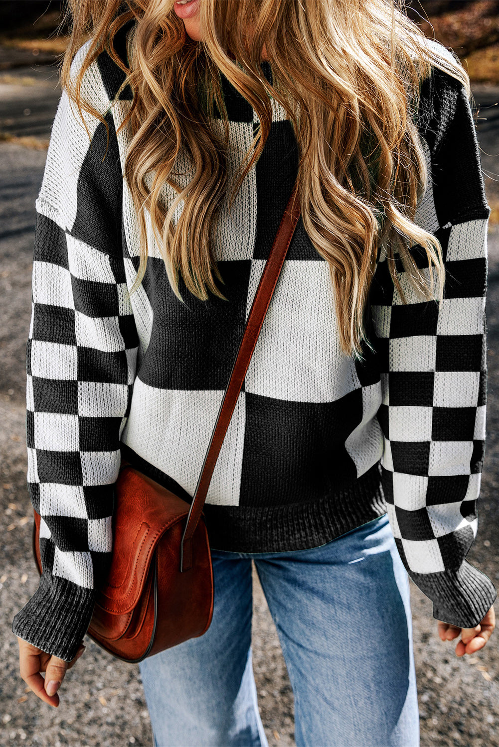 Black Checkered Print Drop Shoulder Sweater - SELFTRITSS