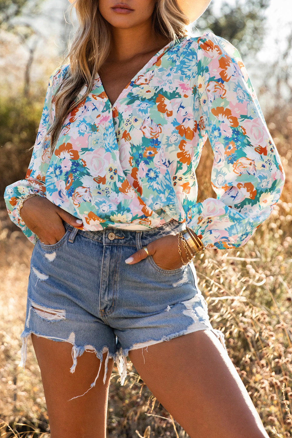 Sky Blue Floral Print Wrap Long Sleeve Bodysuit - SELFTRITSS