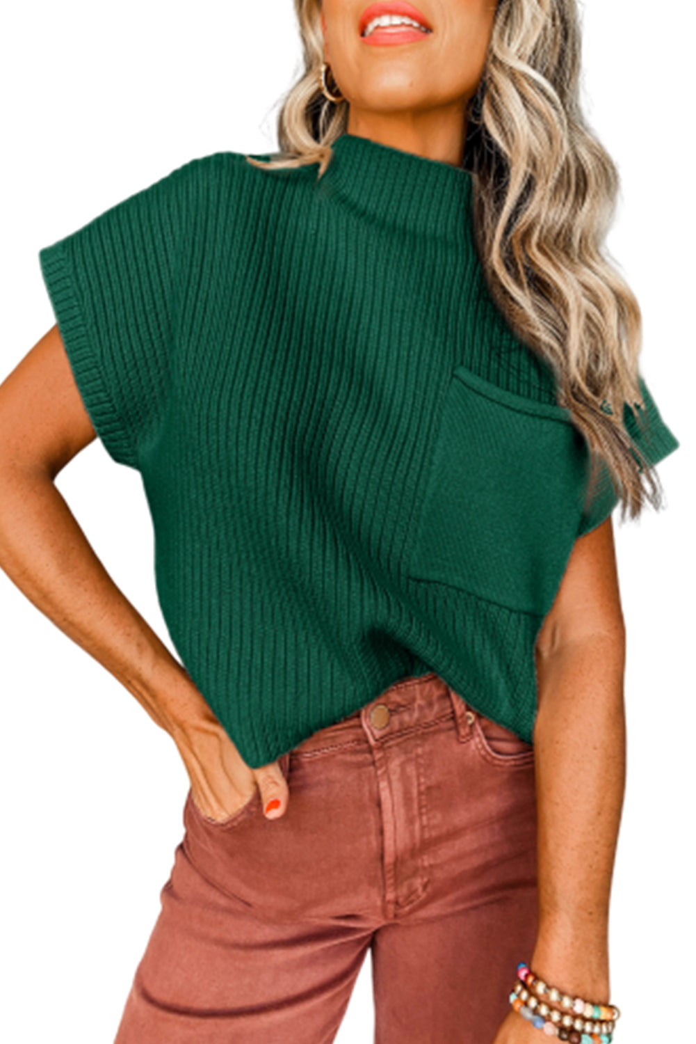 Blackish Green Patch Pocket Ribbed Knit Short Sleeve Sweater - SELFTRITSS   