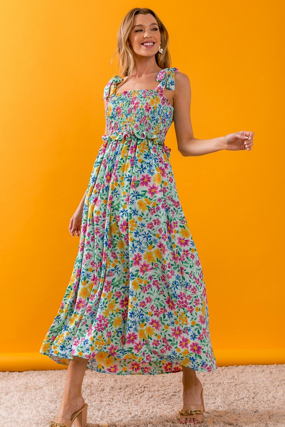 BiBi Floral Ruffle Trim Smocked Cami Dress - SELFTRITSS
