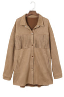 Khaki Fringe Trim Plus Size Suede Shacket - SELFTRITSS