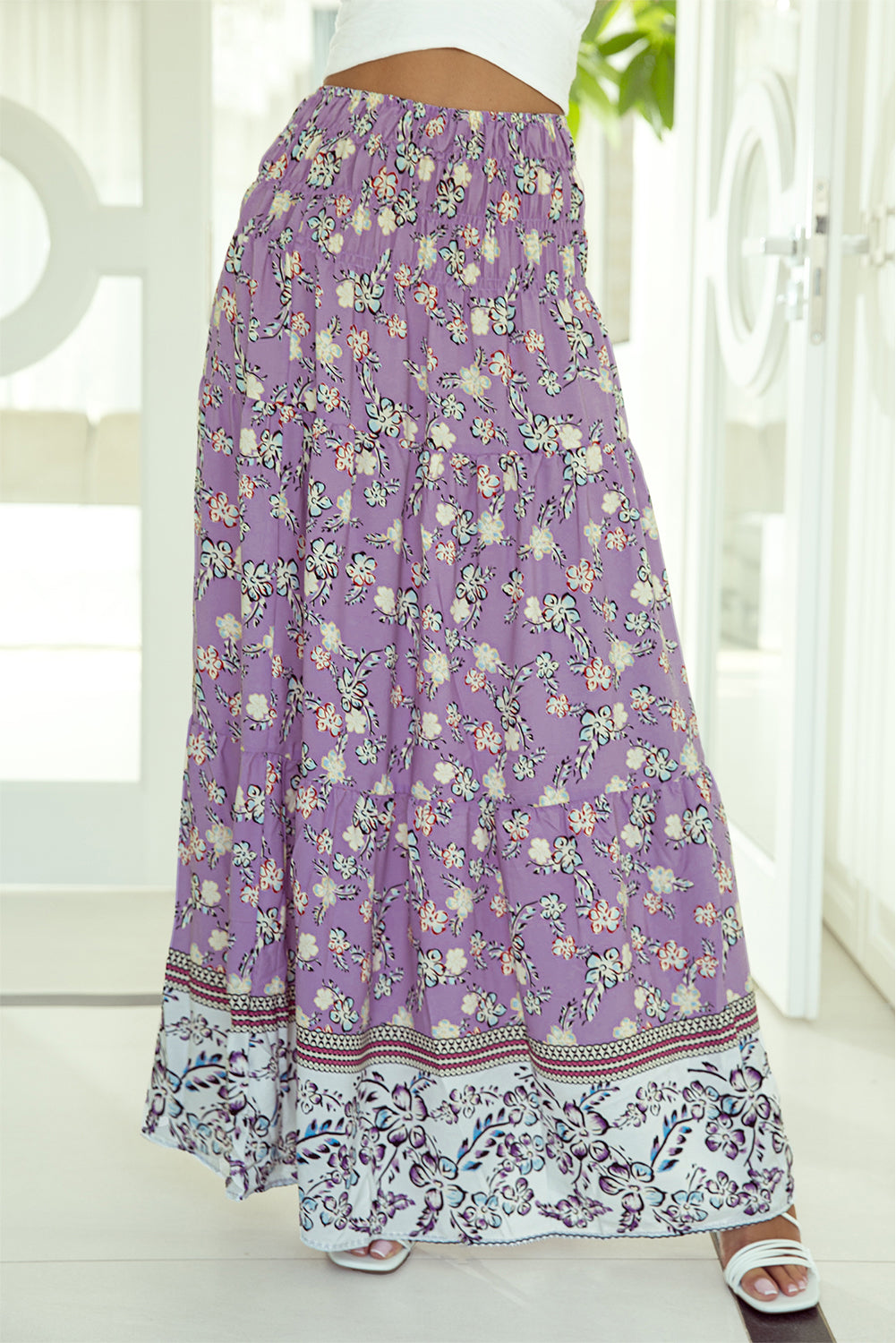 Purple Floral Print Shirred High Waist Maxi Skirt - SELFTRITSS