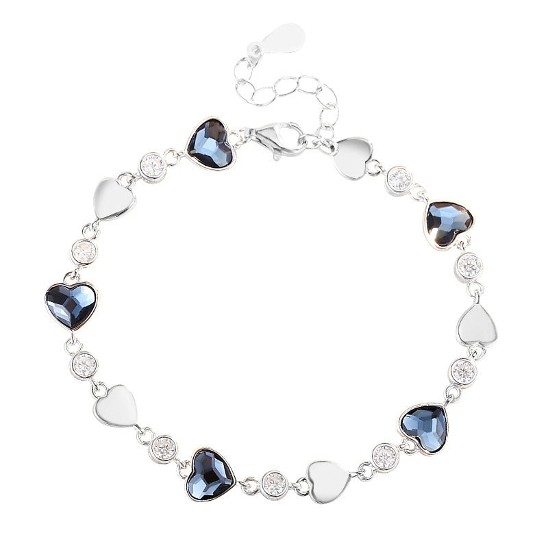 925 Sterling Silver Crystal Love Heart Linked Charm Bracelet