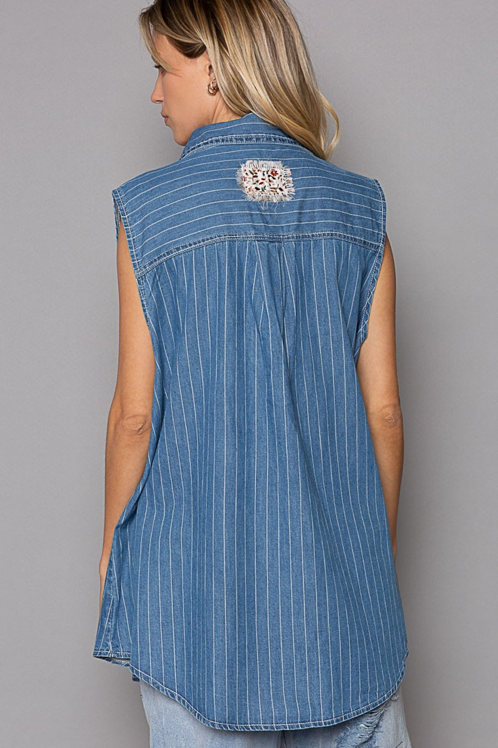 POL Button Down Sleeveless Striped Denim Shirt - SELFTRITSS   