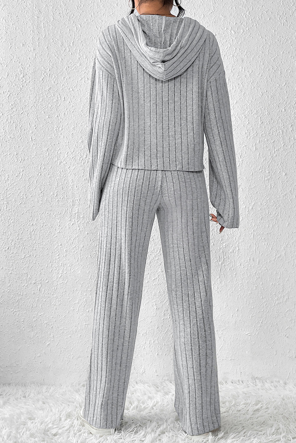 Gray Ribbed Knit Slouchy Hoodie Wide Leg Pants Set - SELFTRITSS