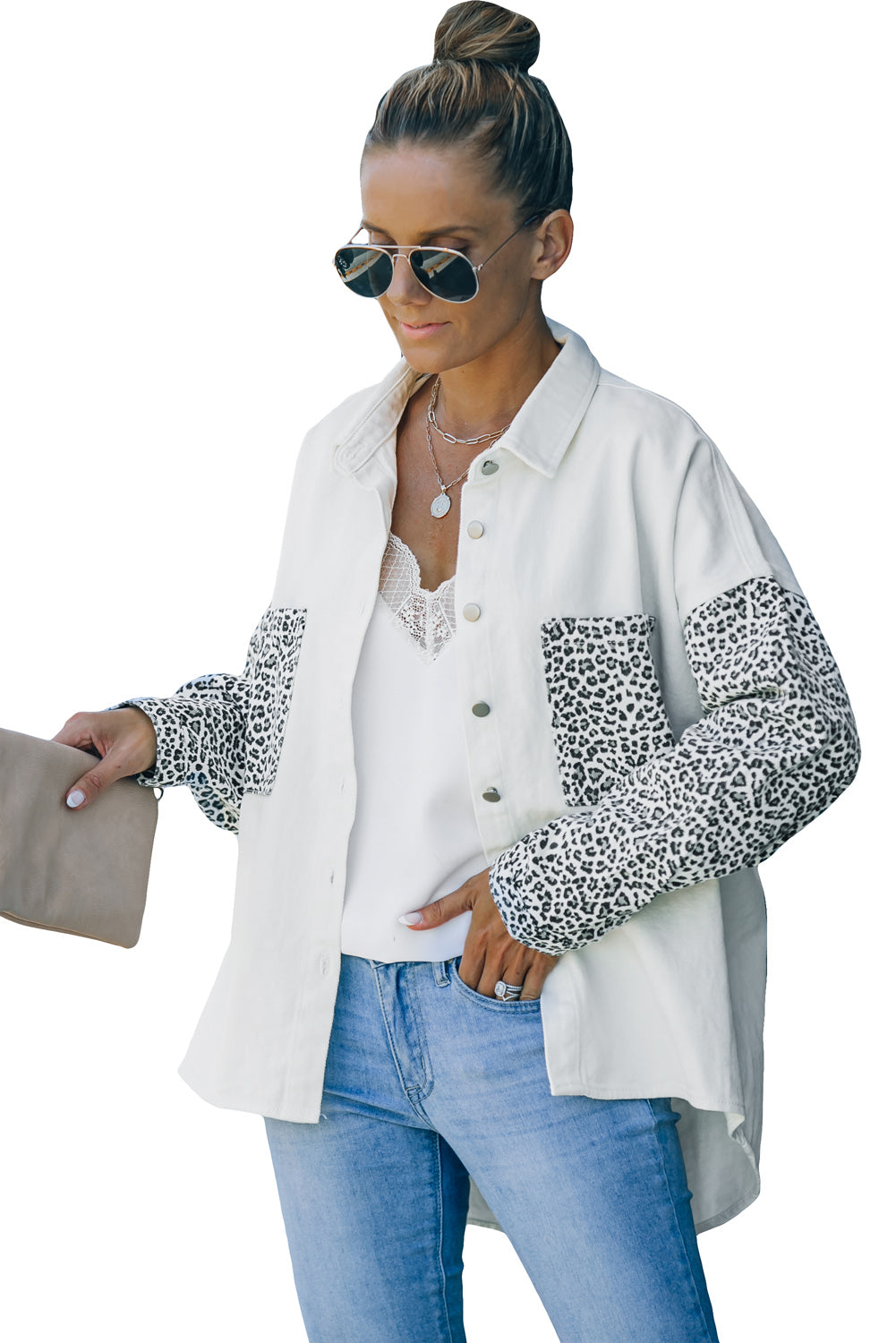 White Contrast Leopard Denim Jacket - SELFTRITSS