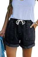 Black Pocketed Drawstring High Waist Denim Shorts - SELFTRITSS