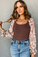 Coffee Ribbed Knit Floral Bubble Sleeve Bodysuit - SELFTRITSS