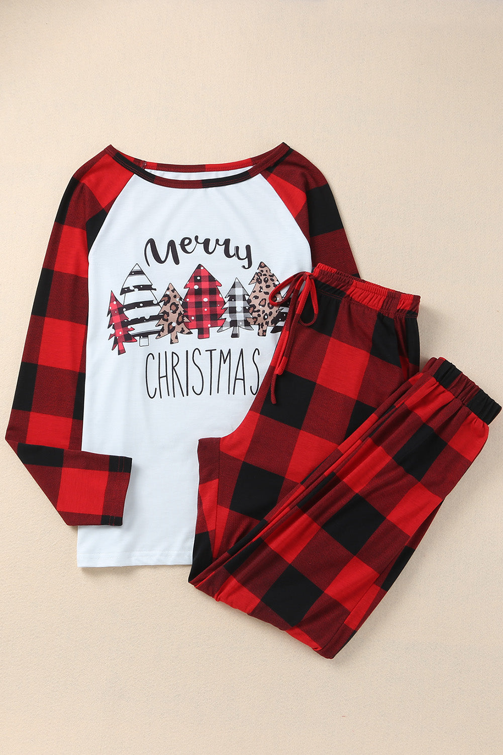 Fiery Red Plaid Merry Christmas Graphic Loungewear Set - SELFTRITSS