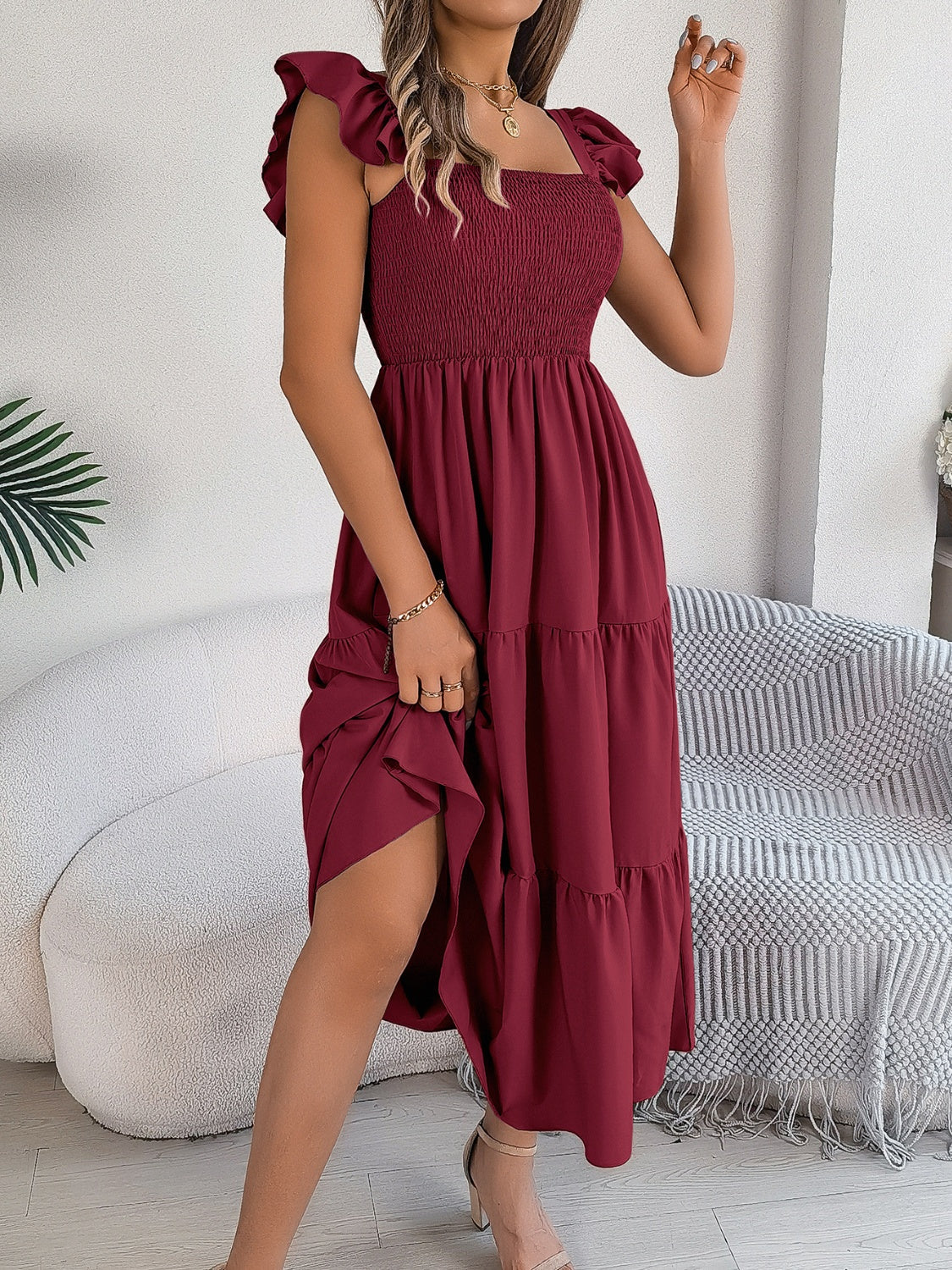 Smocked Square Neck Cap Sleeve Midi Dress - SELFTRITSS   