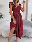 Smocked Square Neck Cap Sleeve Midi Dress - SELFTRITSS   