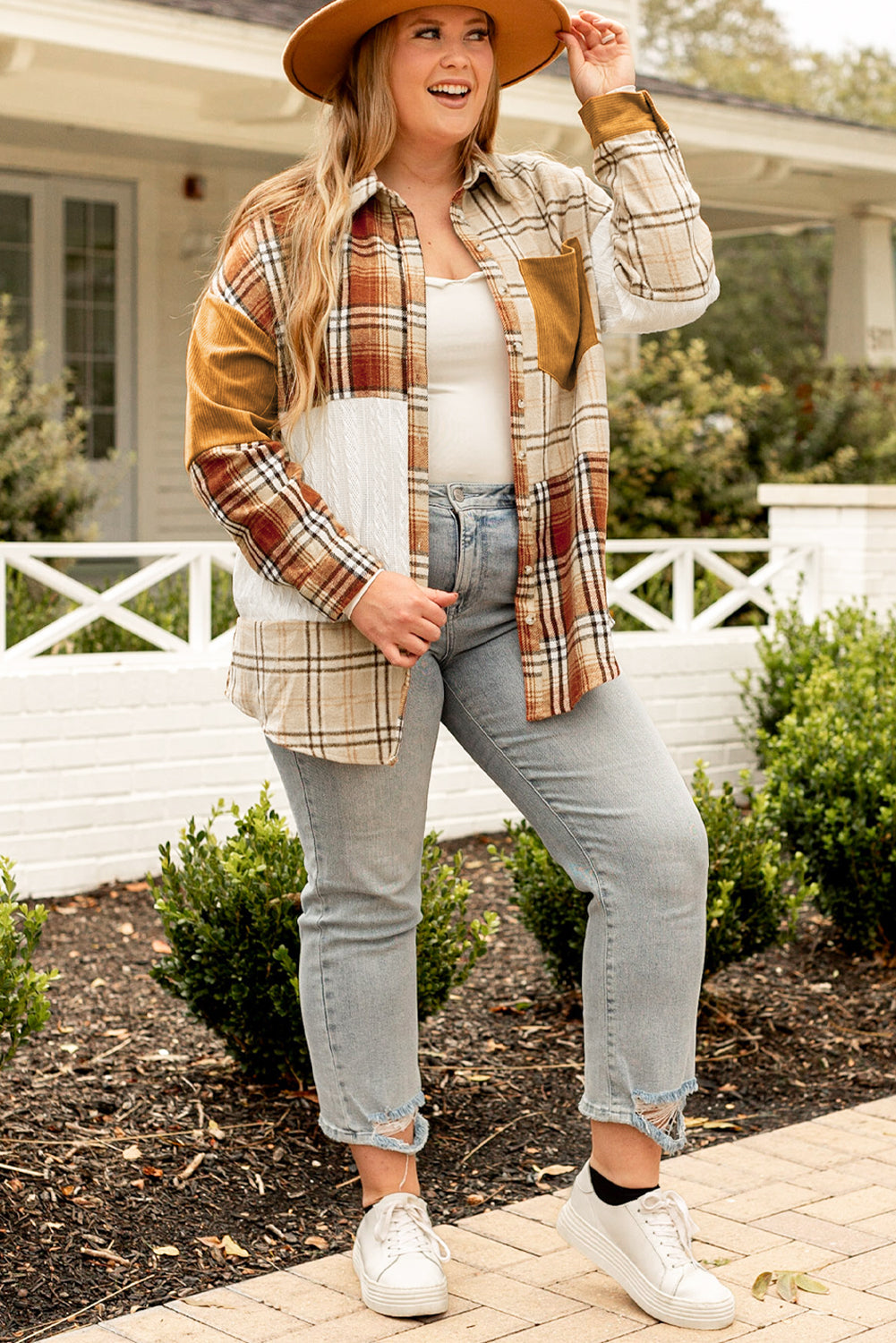 Golden Apricot Plus Size Plaid Patchwork Button up Shacket - SELFTRITSS   