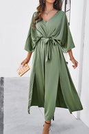 Slit Tied V-Neck Three-Quarter Sleeve Dress - SELFTRITSS   