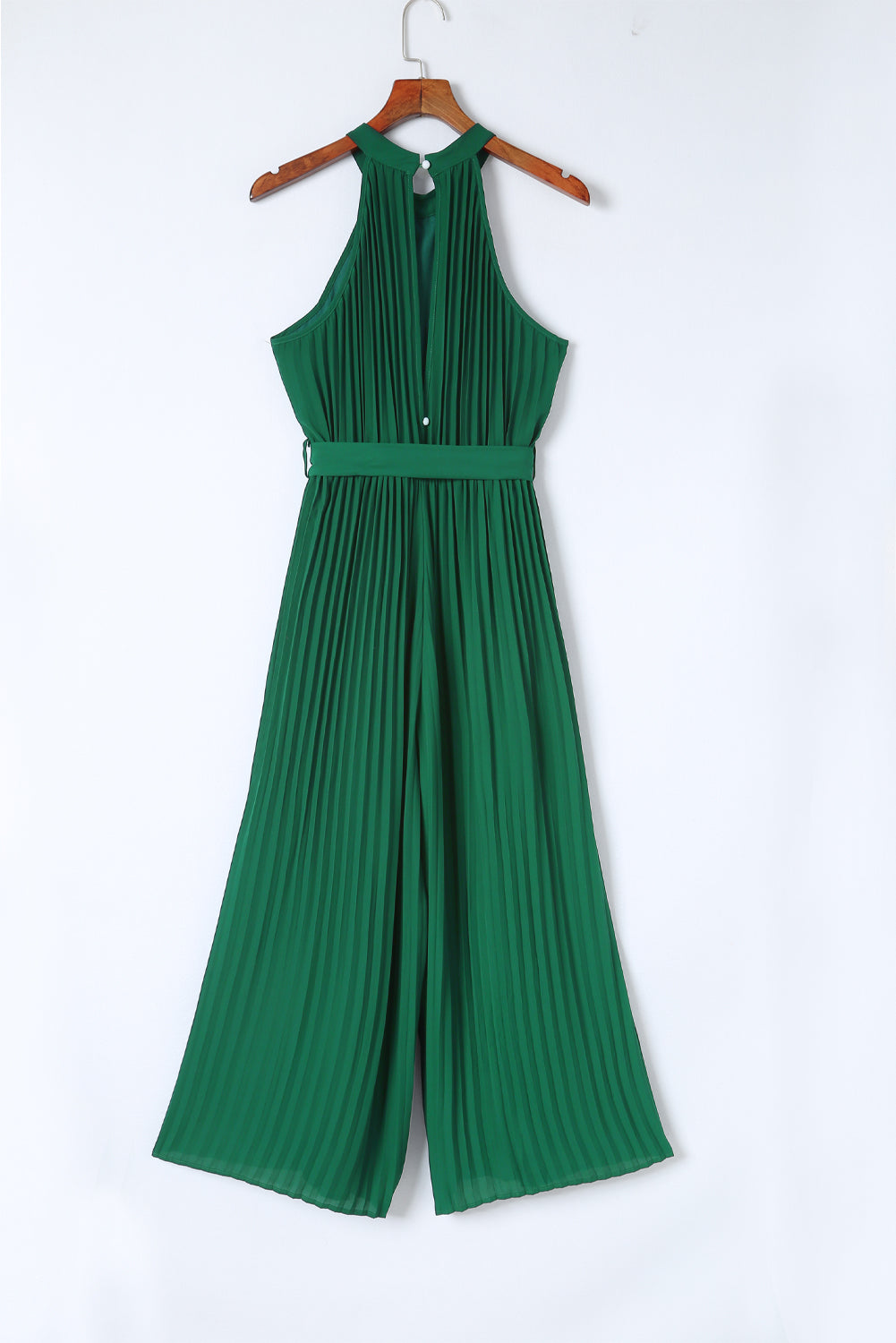 Green Halter Neck Pleated Wide Leg Jumpsuit with Belt - SELFTRITSS   