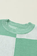 Mint Green Checkered Print Drop Shoulder Sweater - SELFTRITSS   