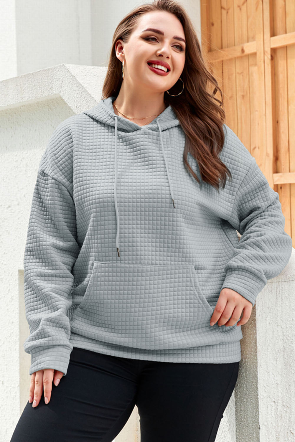 Gray Kangaroo Pockets Quilted Plus Size Hoodie - SELFTRITSS
