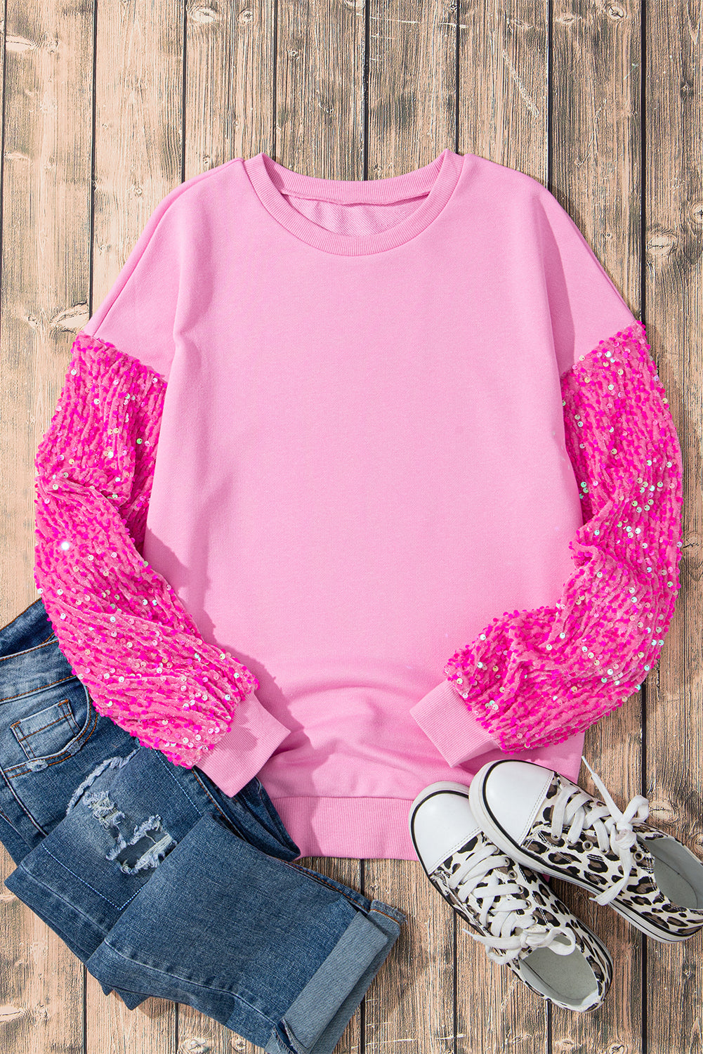 Pink Sequin Patchwork Long Sleeve Pullover Top - SELFTRITSS