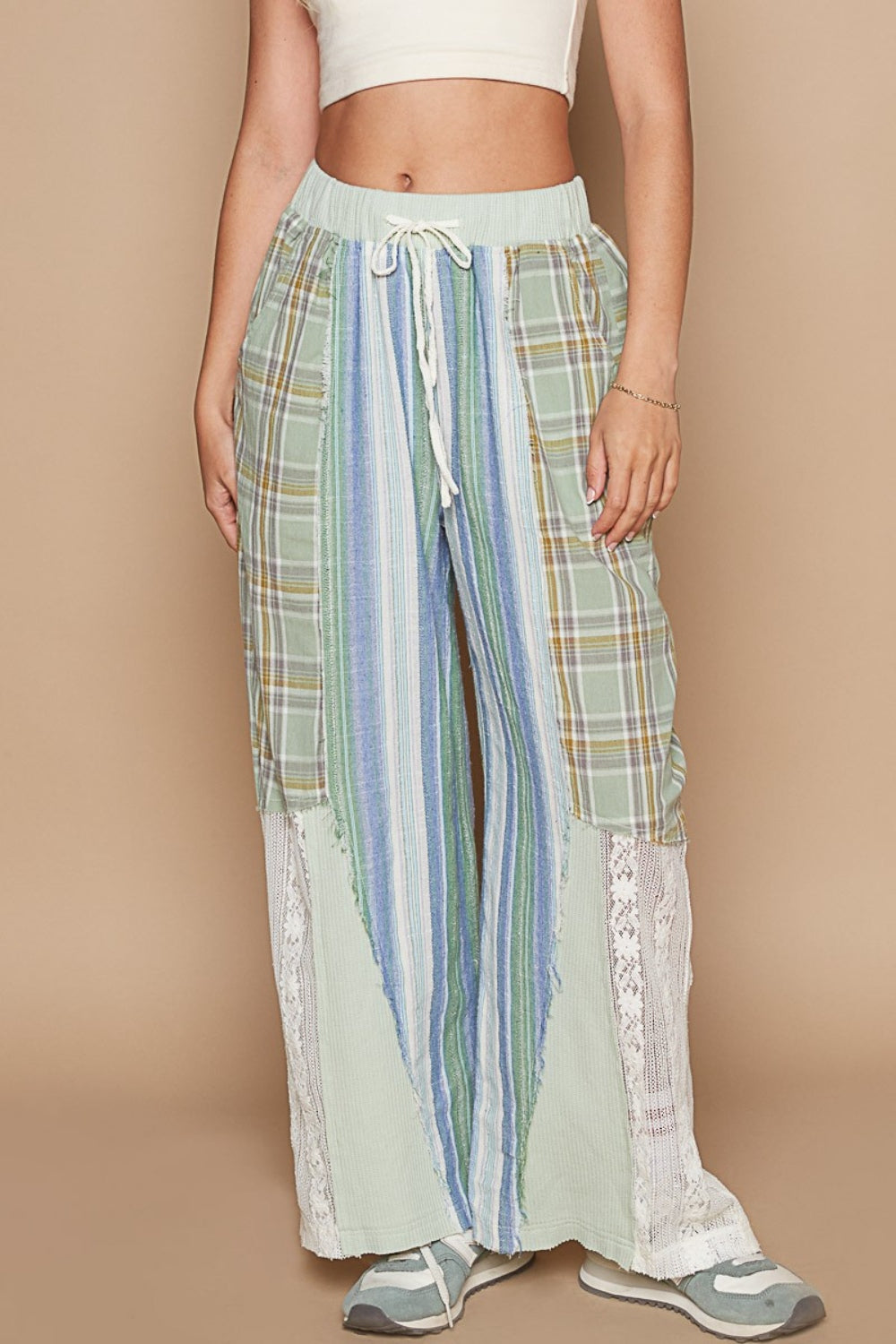 POL Drawstring Plaid Print Lace Straight Pants - SELFTRITSS   