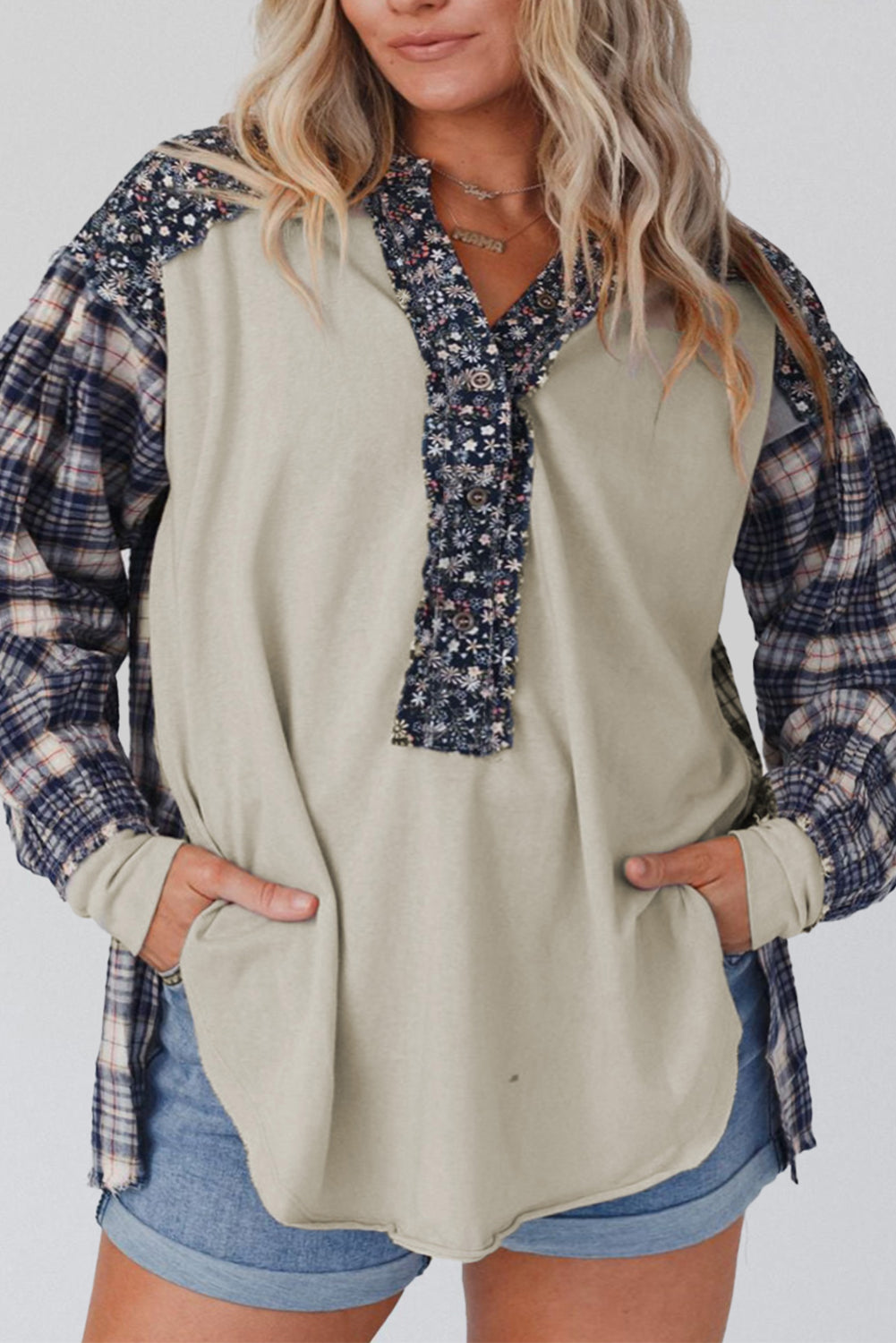 Navy Blue Mixed Print Half Buttons Plus Size Pullover Top - SELFTRITSS