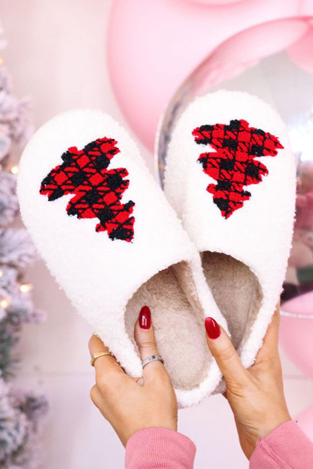 White Fuzzy Tree Pattern Christmas Fashion Home Slippers - SELFTRITSS