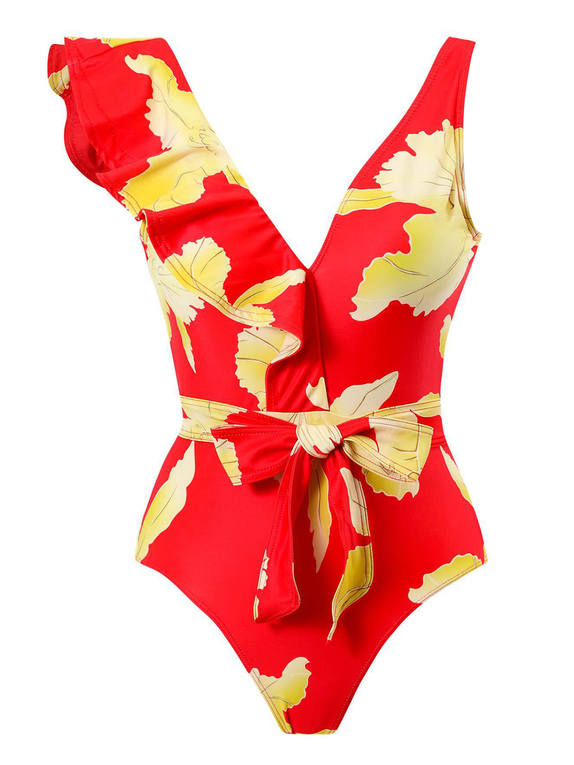 Tied Printed V-Neck Sleeveless One-Piece Swimwear - SELFTRITSS