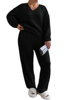 Black Plus Size Ribbed V Neck Pullover and Pants Set - SELFTRITSS