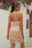 Halter Neck Fringe Top and Skirt Set - SELFTRITSS