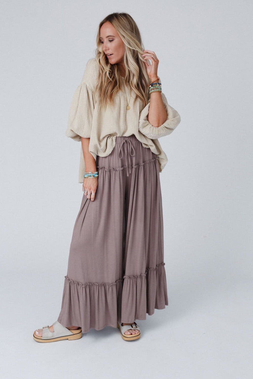 Khaki Frilled Drawstring High Waist Wide Leg Pants - SELFTRITSS   