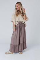 Khaki Frilled Drawstring High Waist Wide Leg Pants - SELFTRITSS   