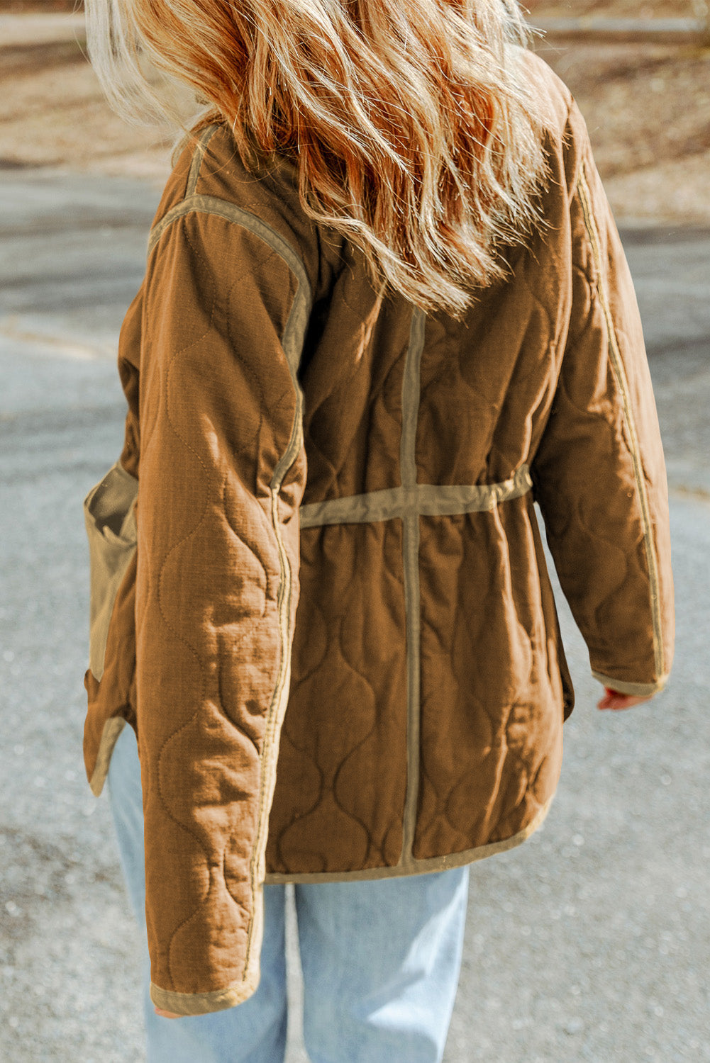 Brown Stitching Quilted Drawstring Jacket - SELFTRITSS   