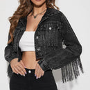 Fringe Detail Long Sleeve Cropped Denim Jacket - SELFTRITSS