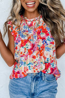 Red Frilled Neck Pleated Boho Floral Tank Top - SELFTRITSS   