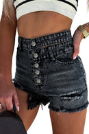 Black High Waist Multi Buttons Raw Edge Denim Shorts - SELFTRITSS