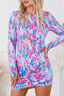 Sky Blue Floral Print Crossed Hem Long Sleeve Mini Dress - SELFTRITSS   