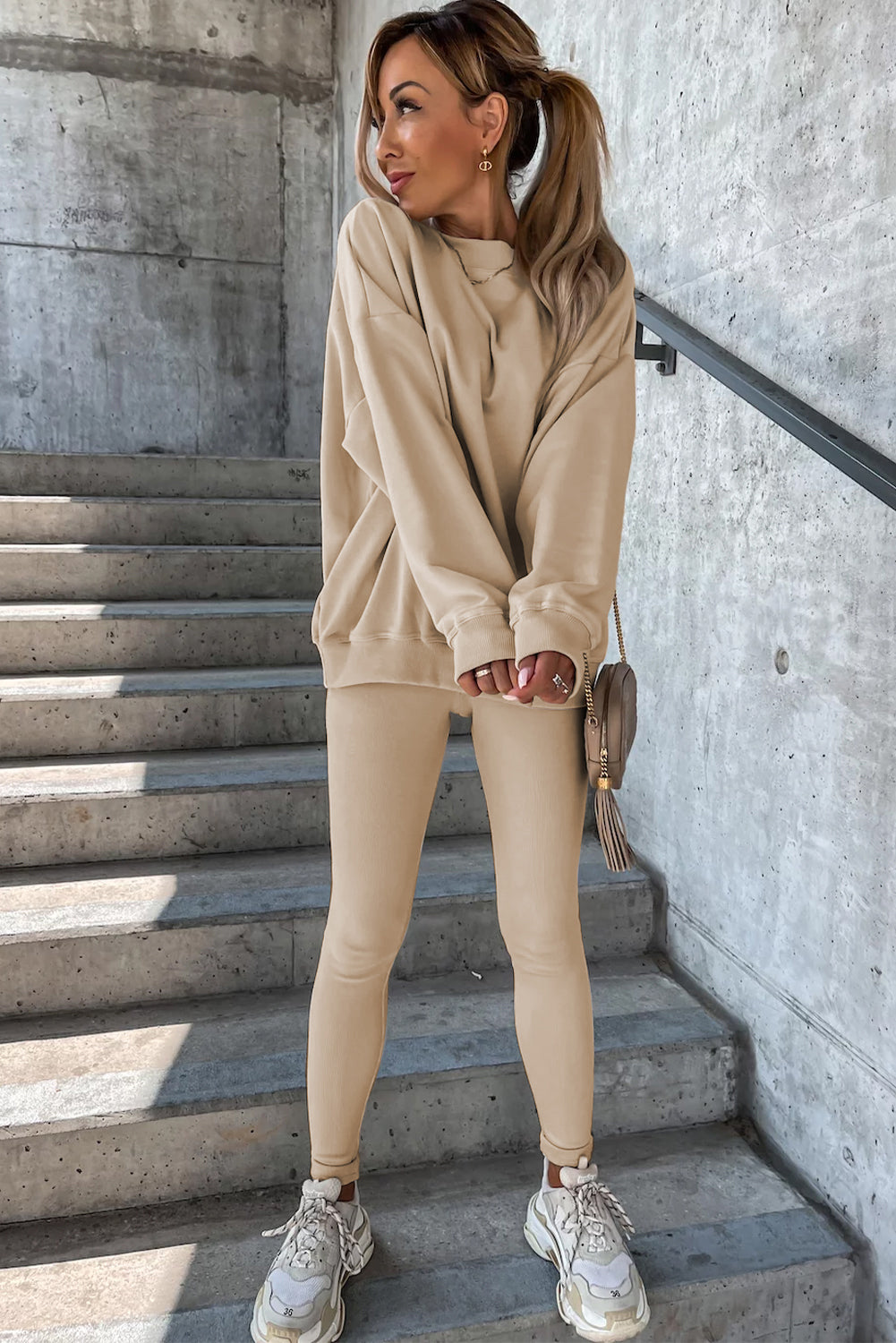 Beige Solid Sweatshirt and Leggings Two Piece Set - SELFTRITSS