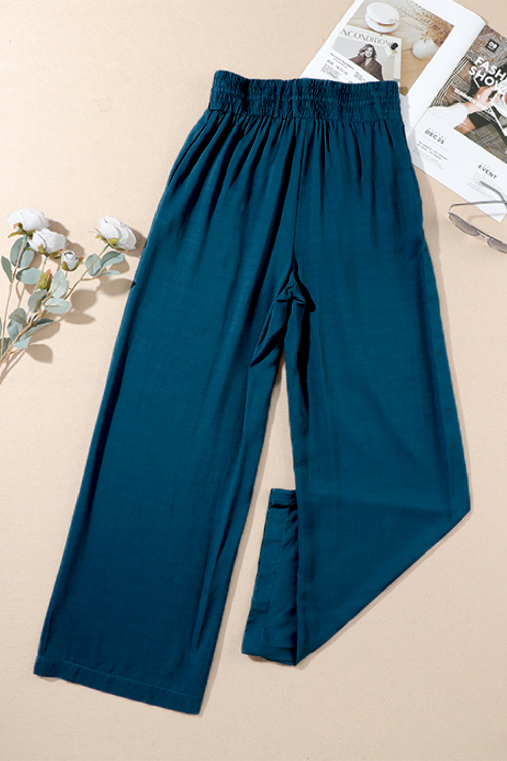 Blue Drawstring Elastic Waist Casual Wide Leg Pants - SELFTRITSS