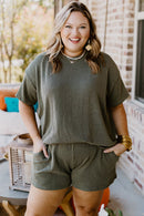 Moss Green Plus Size Rib Knit Short Sleeve Top and Shorts Set - SELFTRITSS